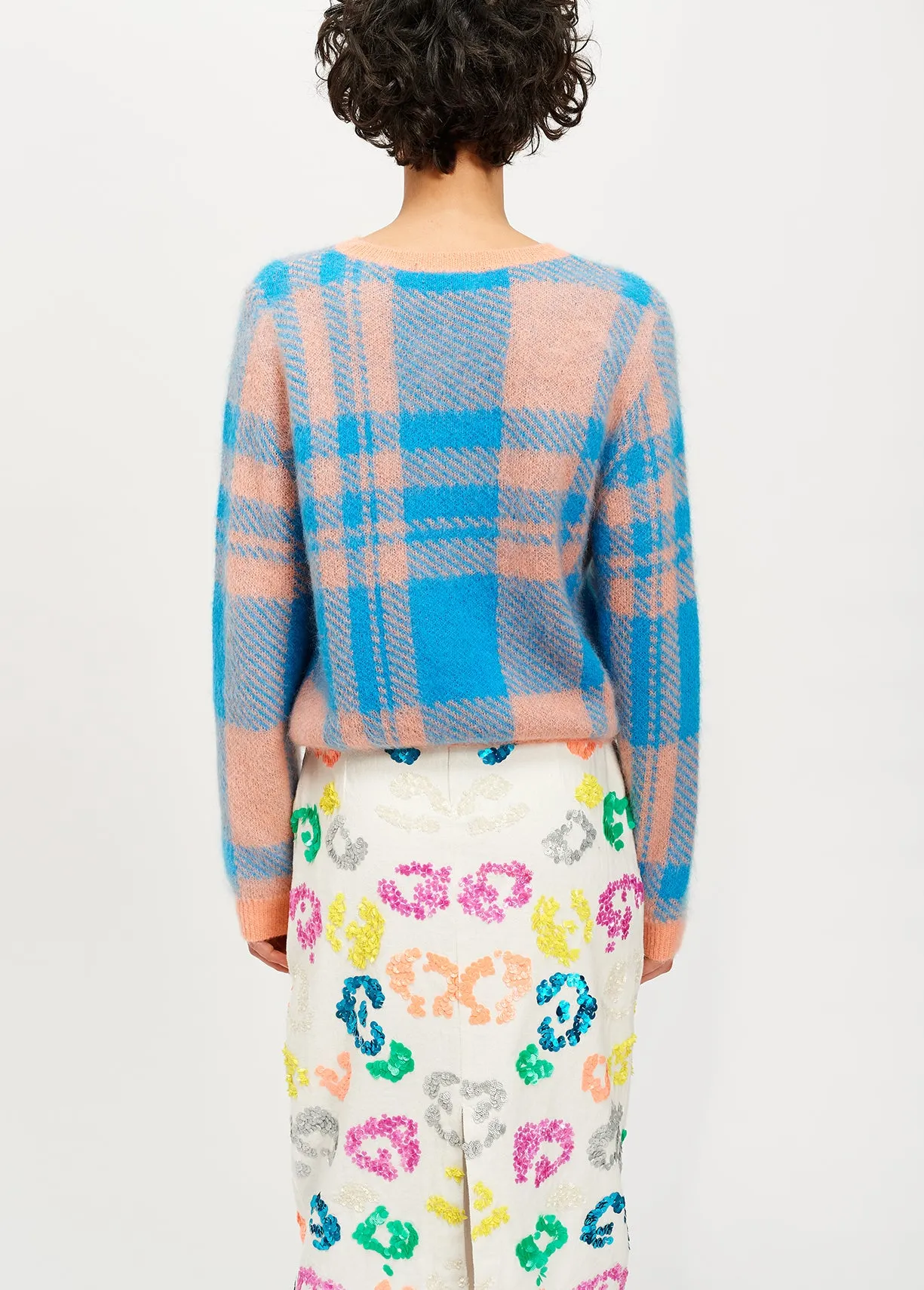 Peach and blue soft mohair plaid sweater