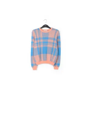 Peach and blue soft mohair plaid sweater