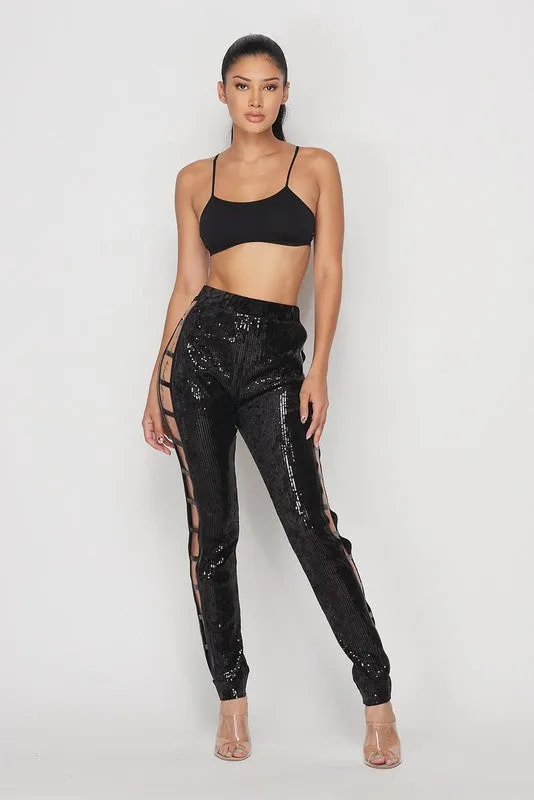 PEEKABOO SEQUIN PANTS-HOEA61032