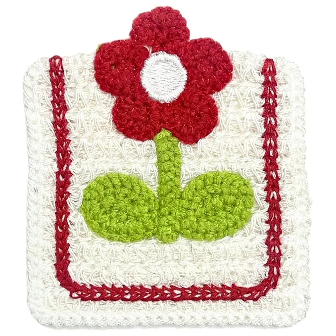 Pink Floral Patch with Green Leaves Sew On Applique Crochet Patch