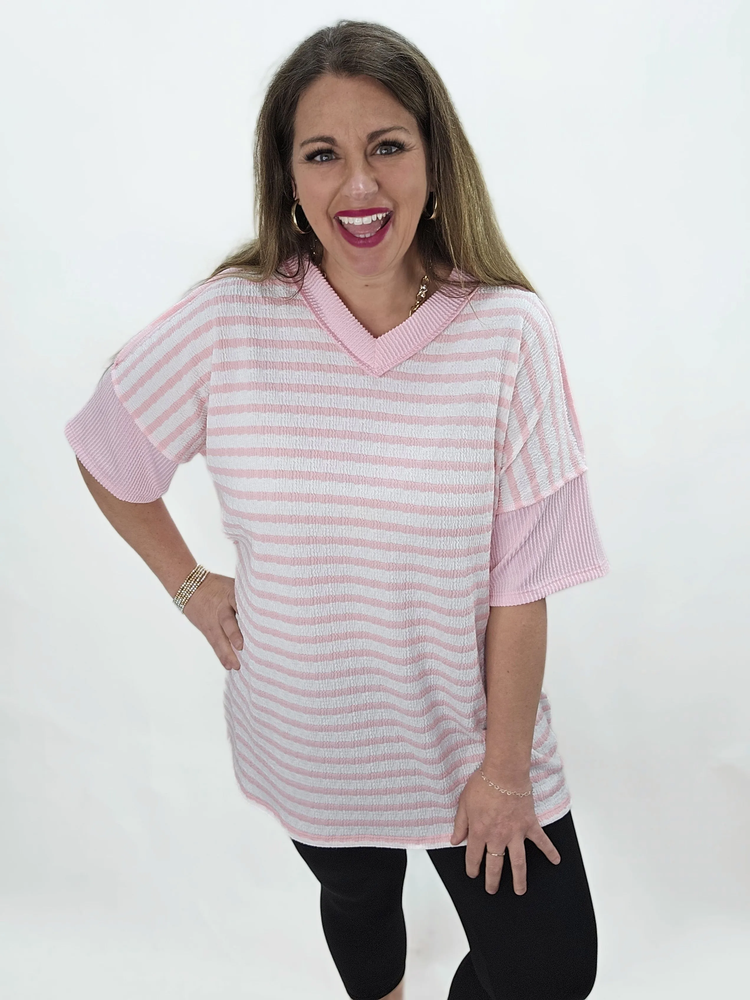 PINK STRIPED OVERSIZED V NECK KNIT TOP