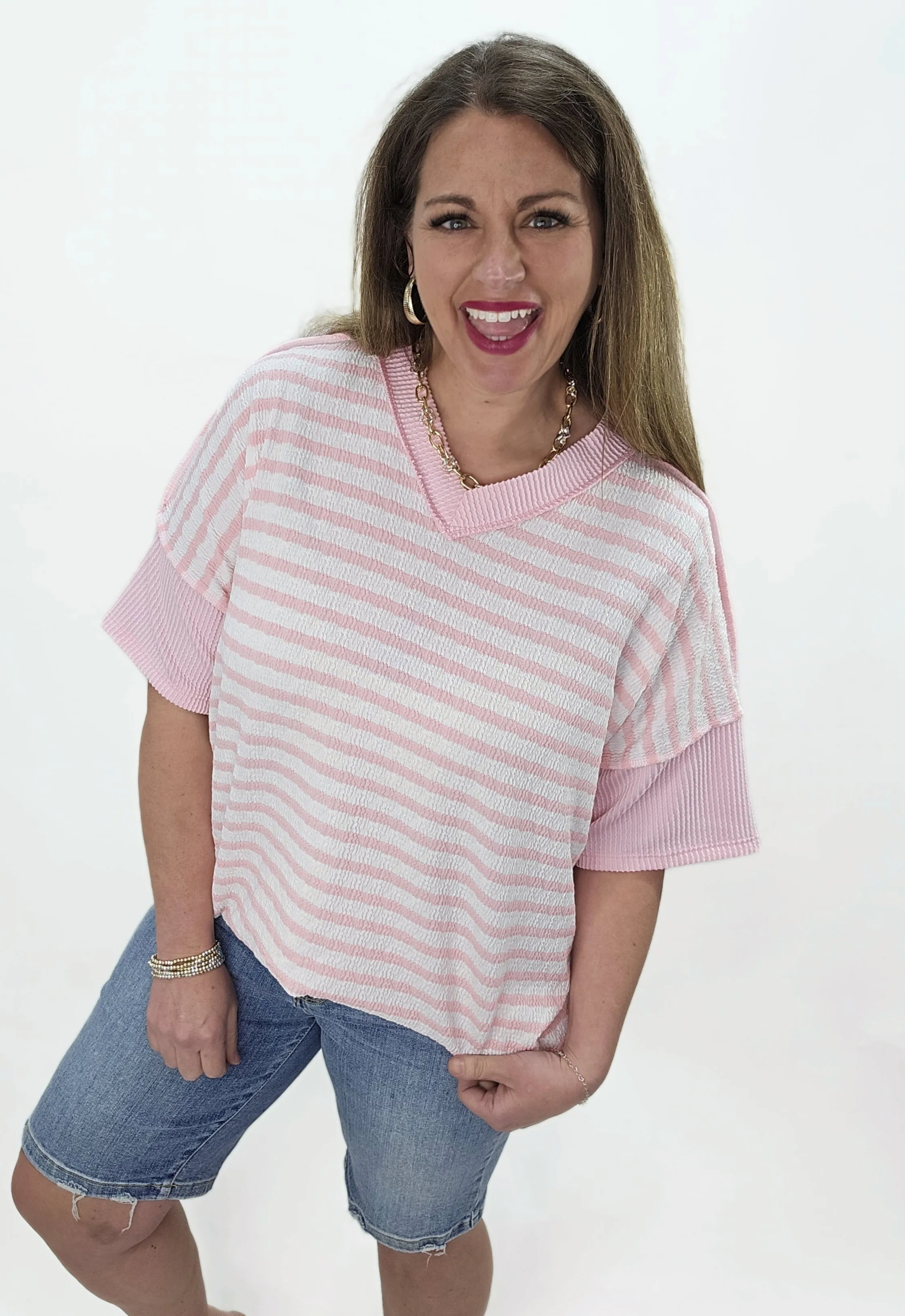 PINK STRIPED OVERSIZED V NECK KNIT TOP
