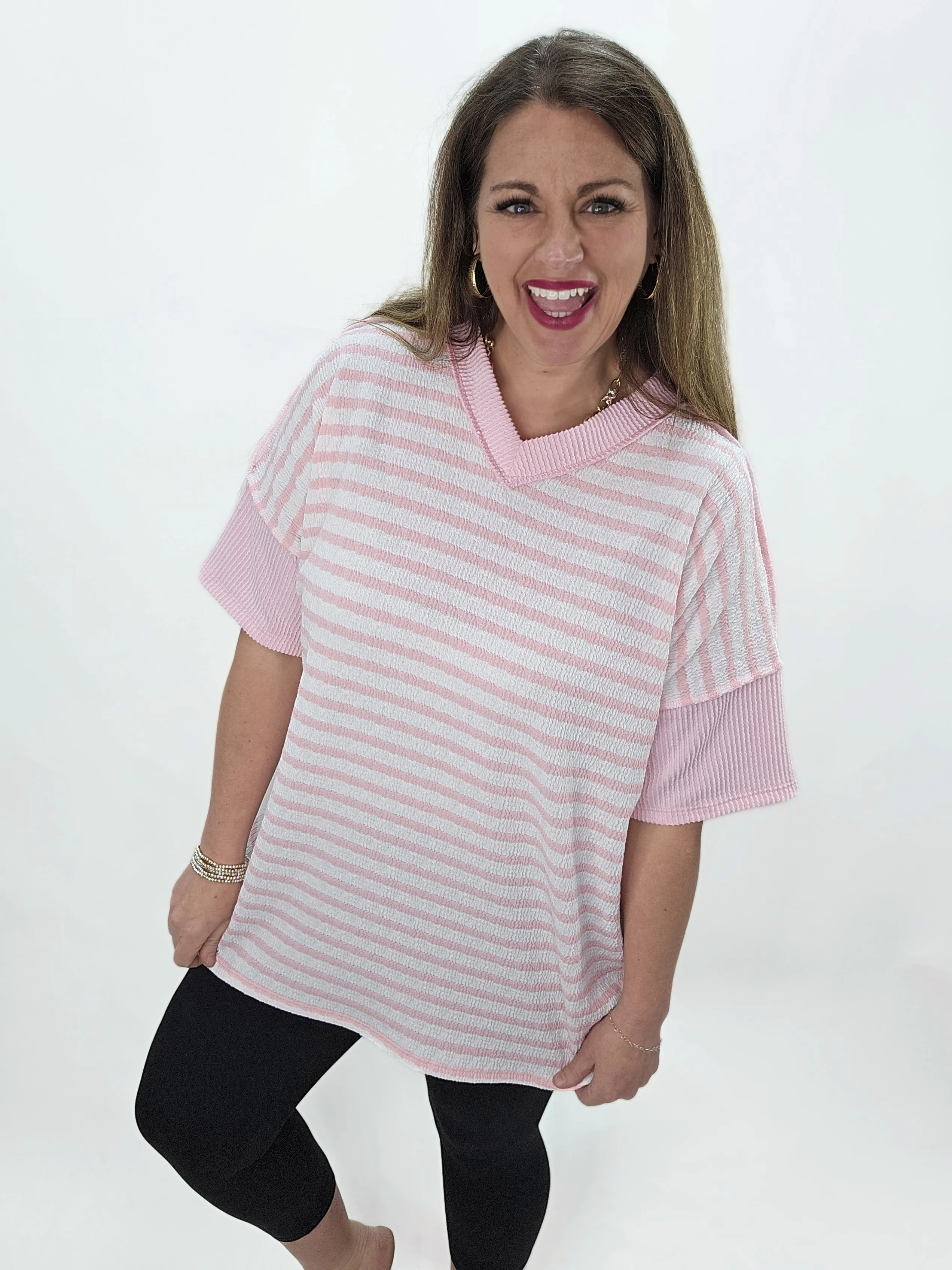 PINK STRIPED OVERSIZED V NECK KNIT TOP