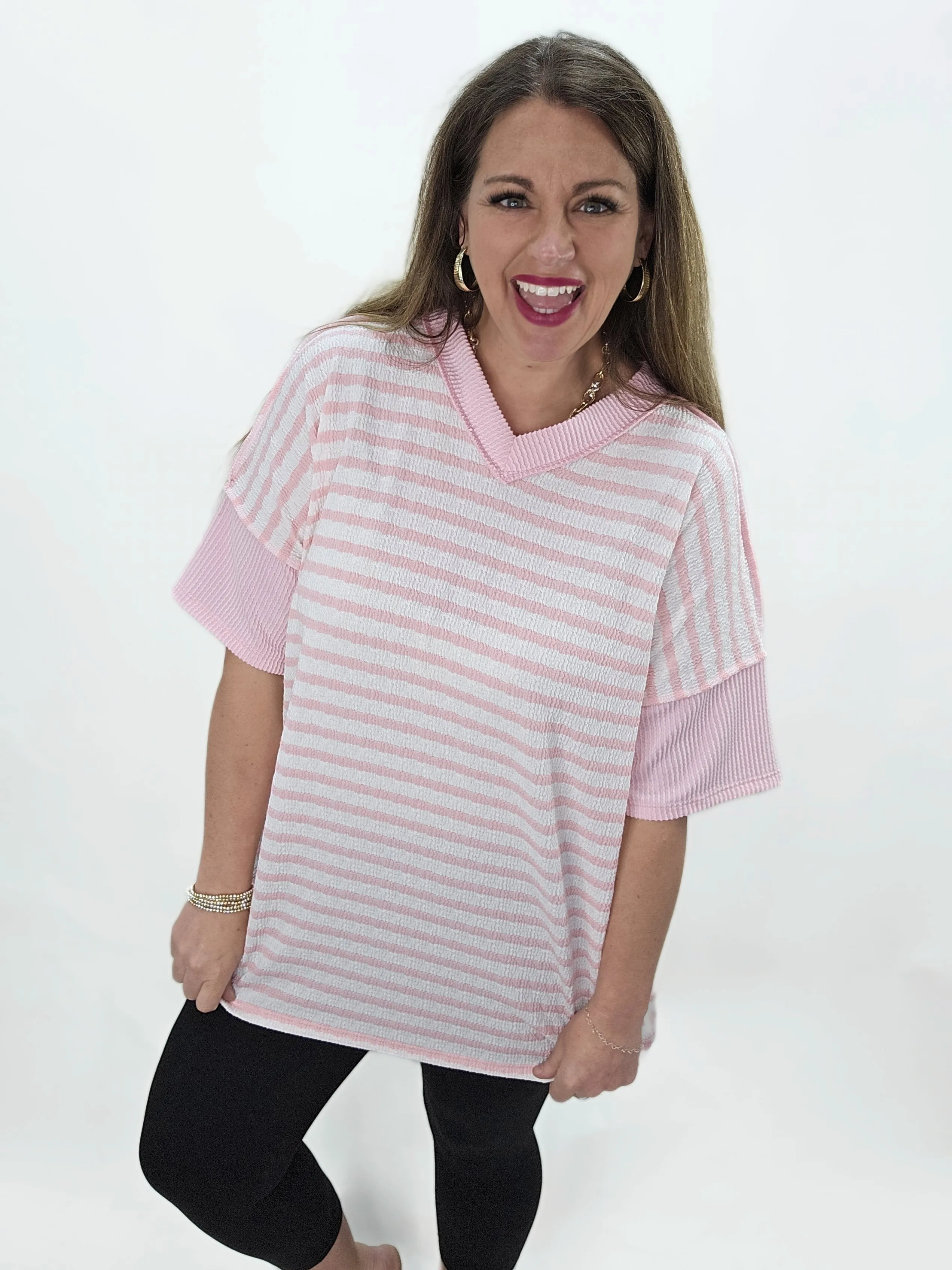 PINK STRIPED OVERSIZED V NECK KNIT TOP
