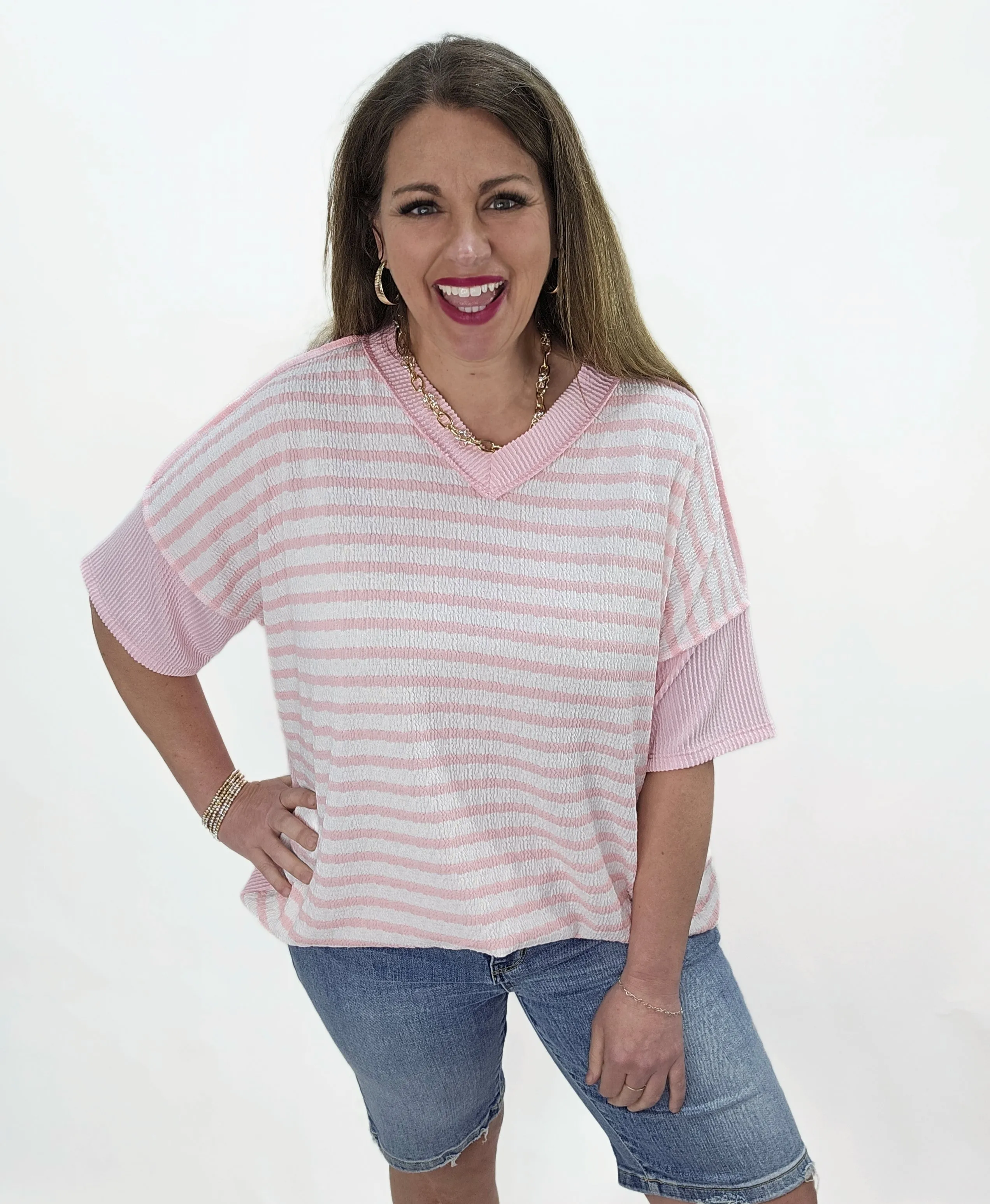 PINK STRIPED OVERSIZED V NECK KNIT TOP