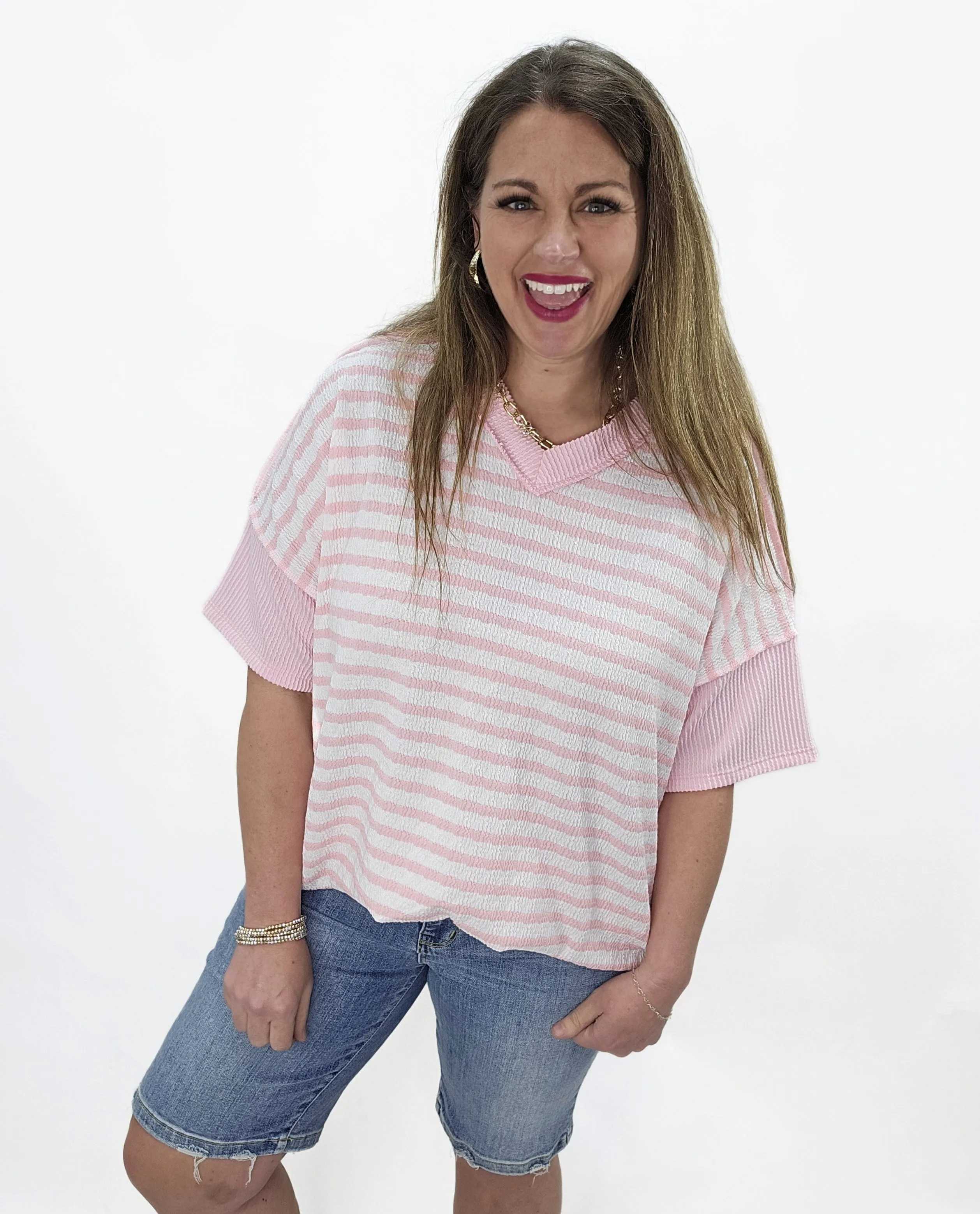 PINK STRIPED OVERSIZED V NECK KNIT TOP