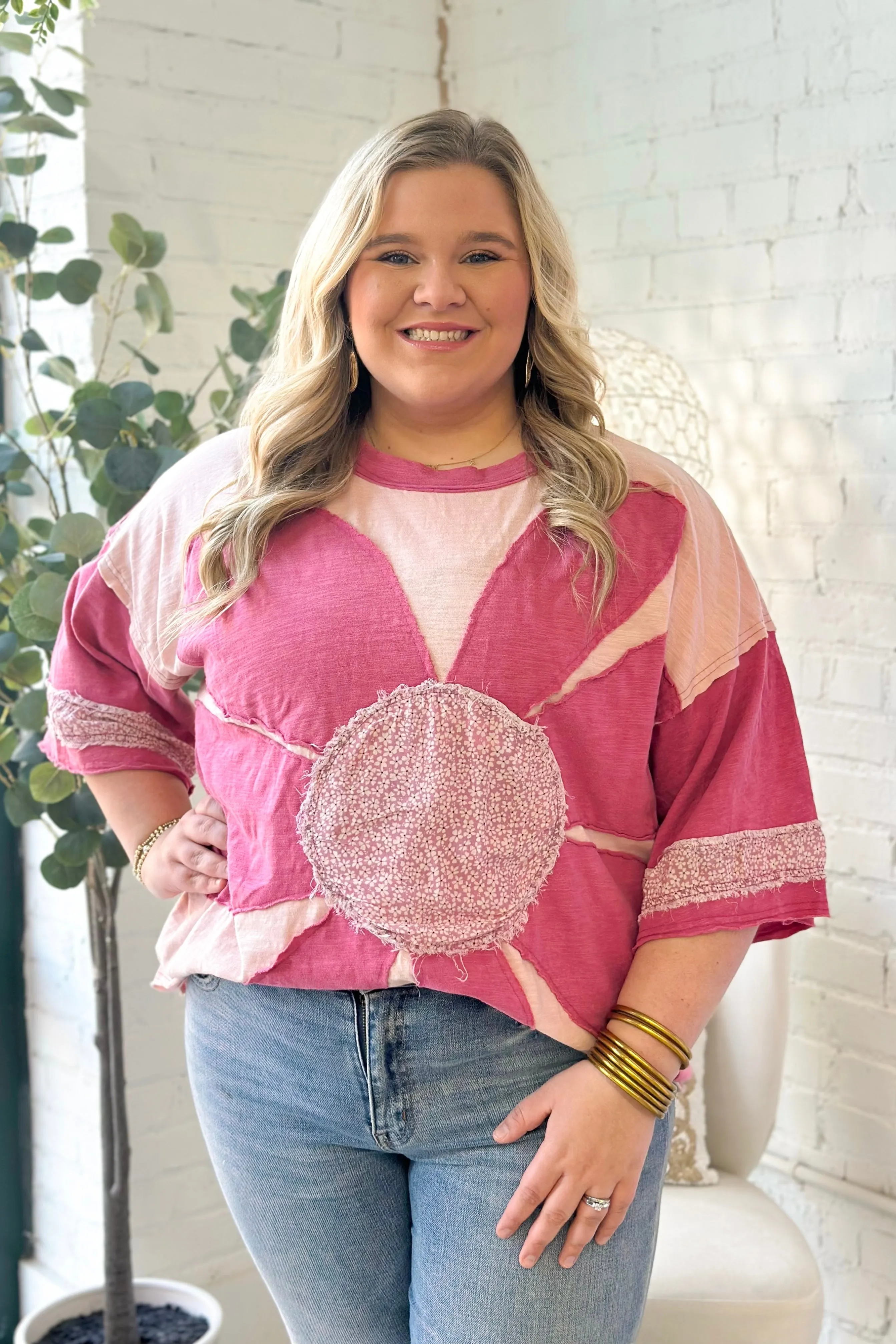 Pink Washed Daisy Patch Top