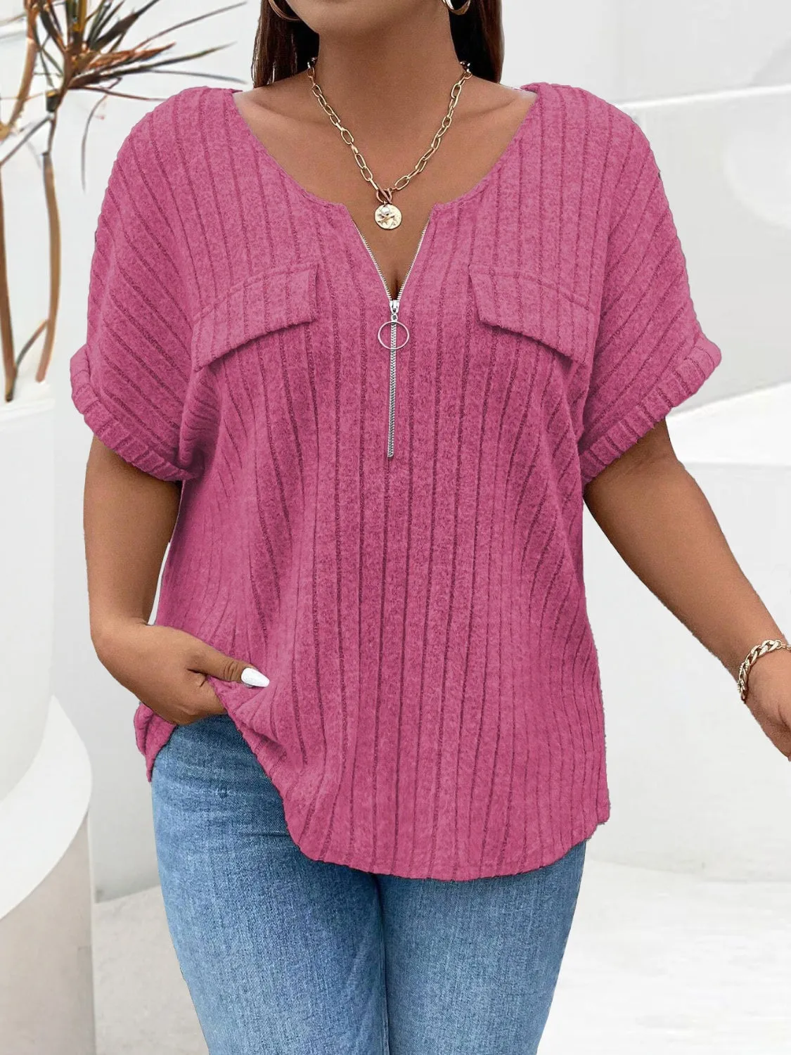 Plus Size Half Zip Short Sleeve Top (4 Colors)