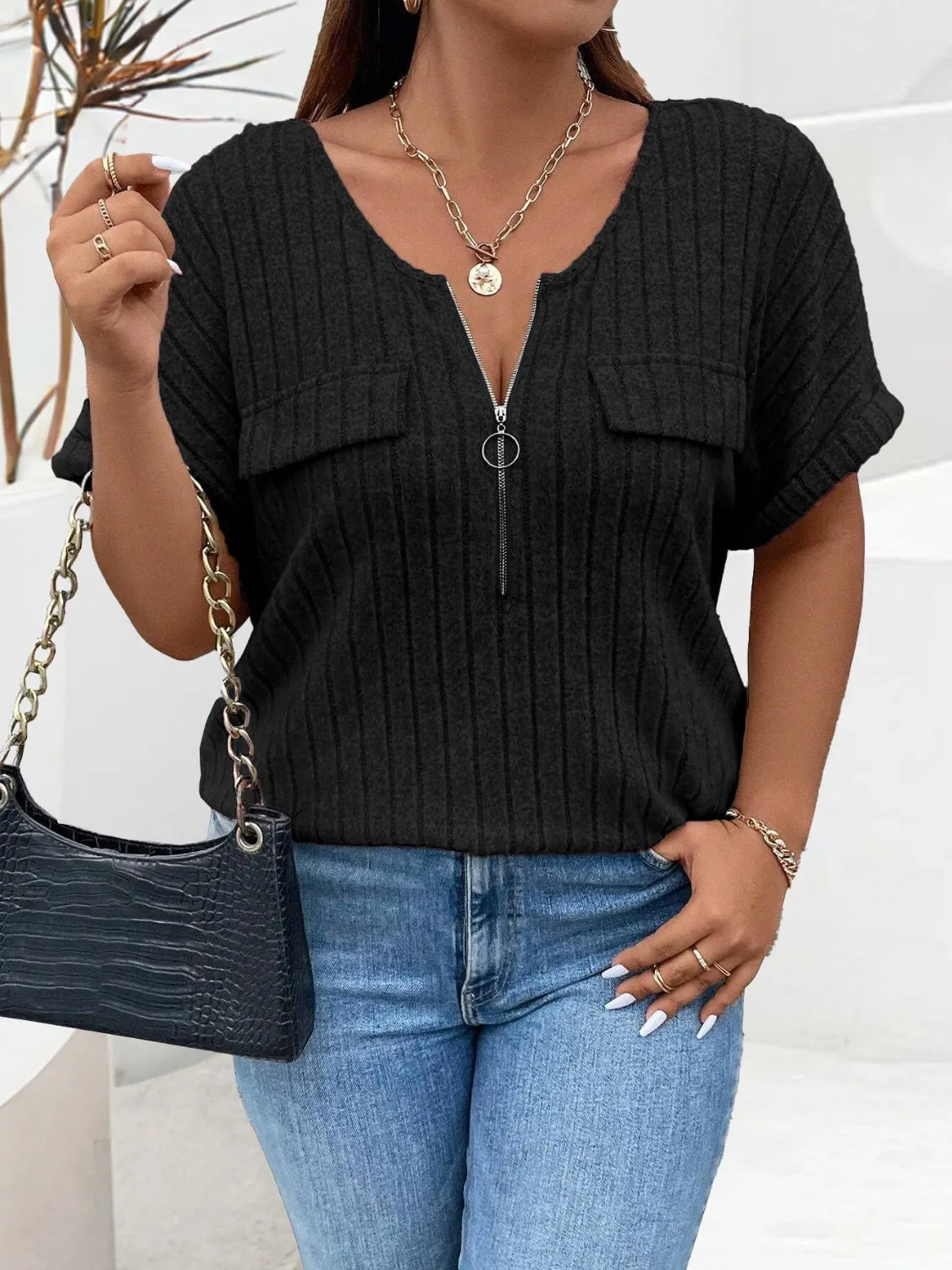 Plus Size Half Zip Short Sleeve Top (4 Colors)