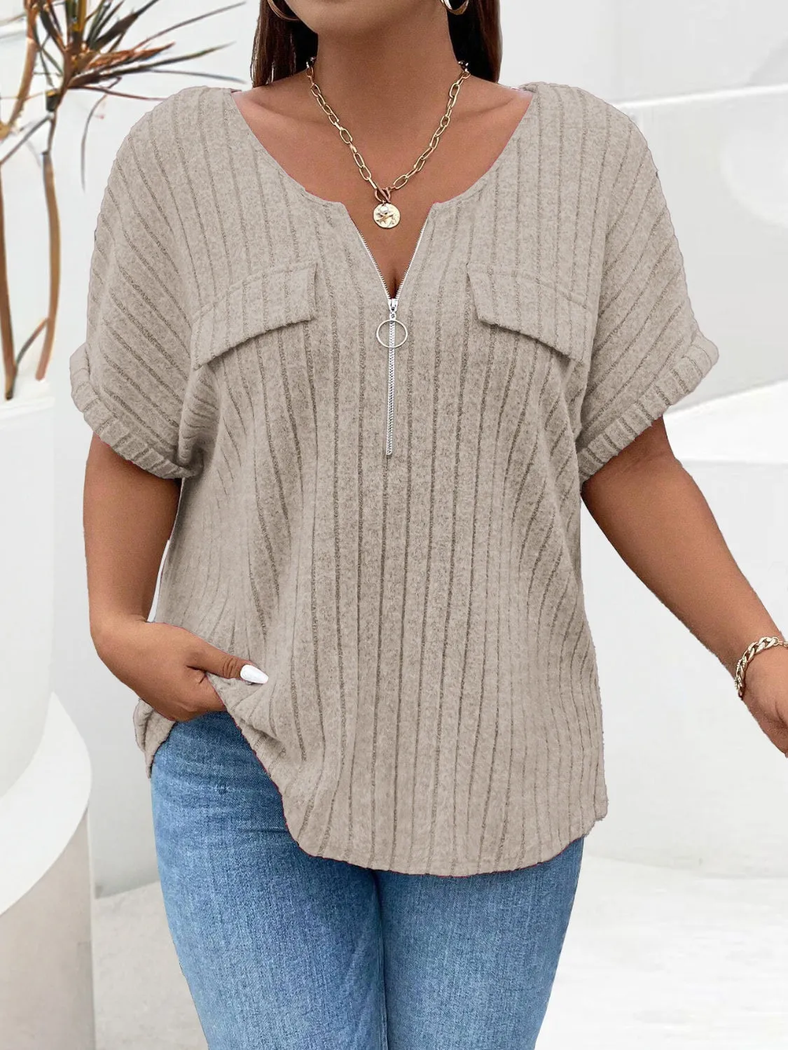 Plus Size Half Zip Short Sleeve Top (4 Colors)