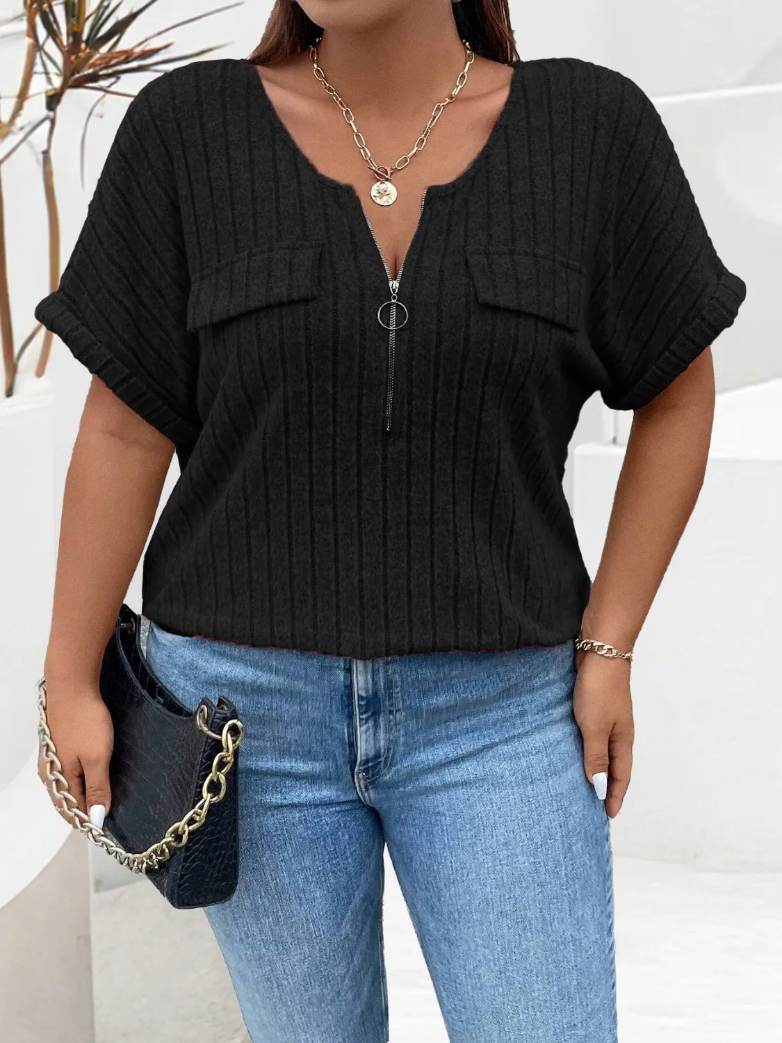 Plus Size Half Zip Short Sleeve Top (4 Colors)