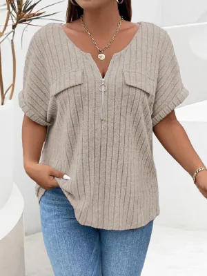 Plus Size Half Zip Short Sleeve Top (4 Colors)
