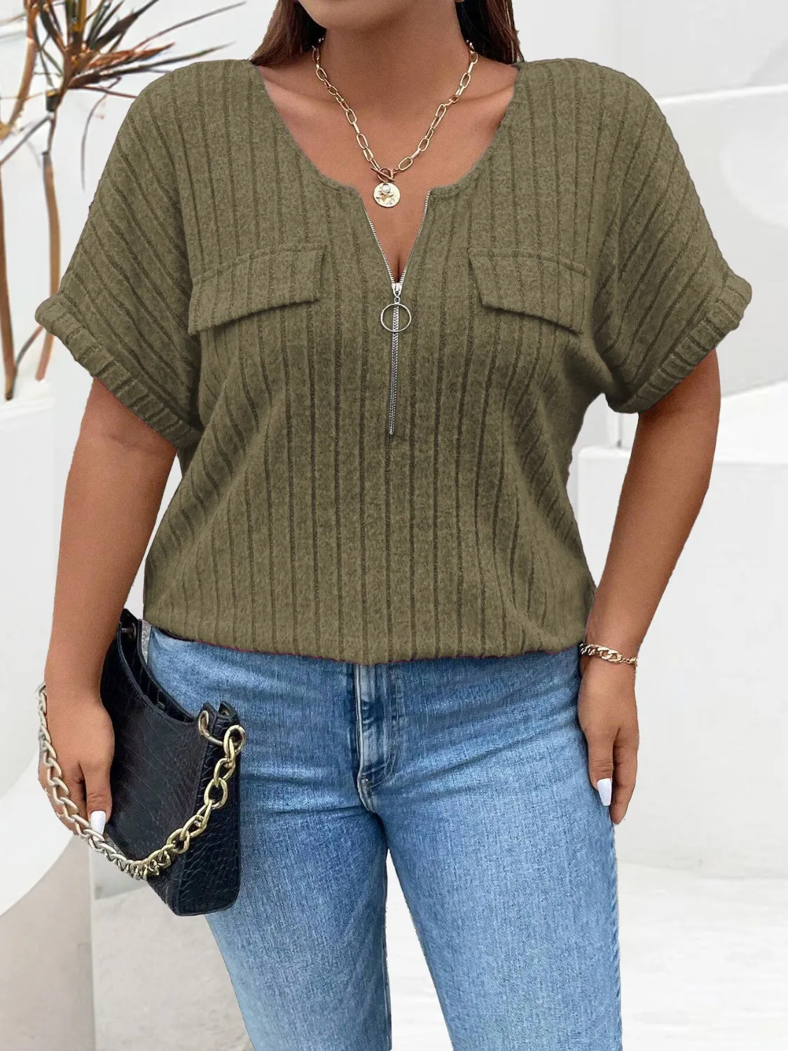 Plus Size Half Zip Short Sleeve Top (4 Colors)