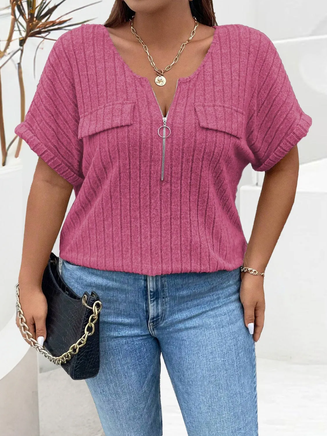 Plus Size Half Zip Short Sleeve Top (4 Colors)