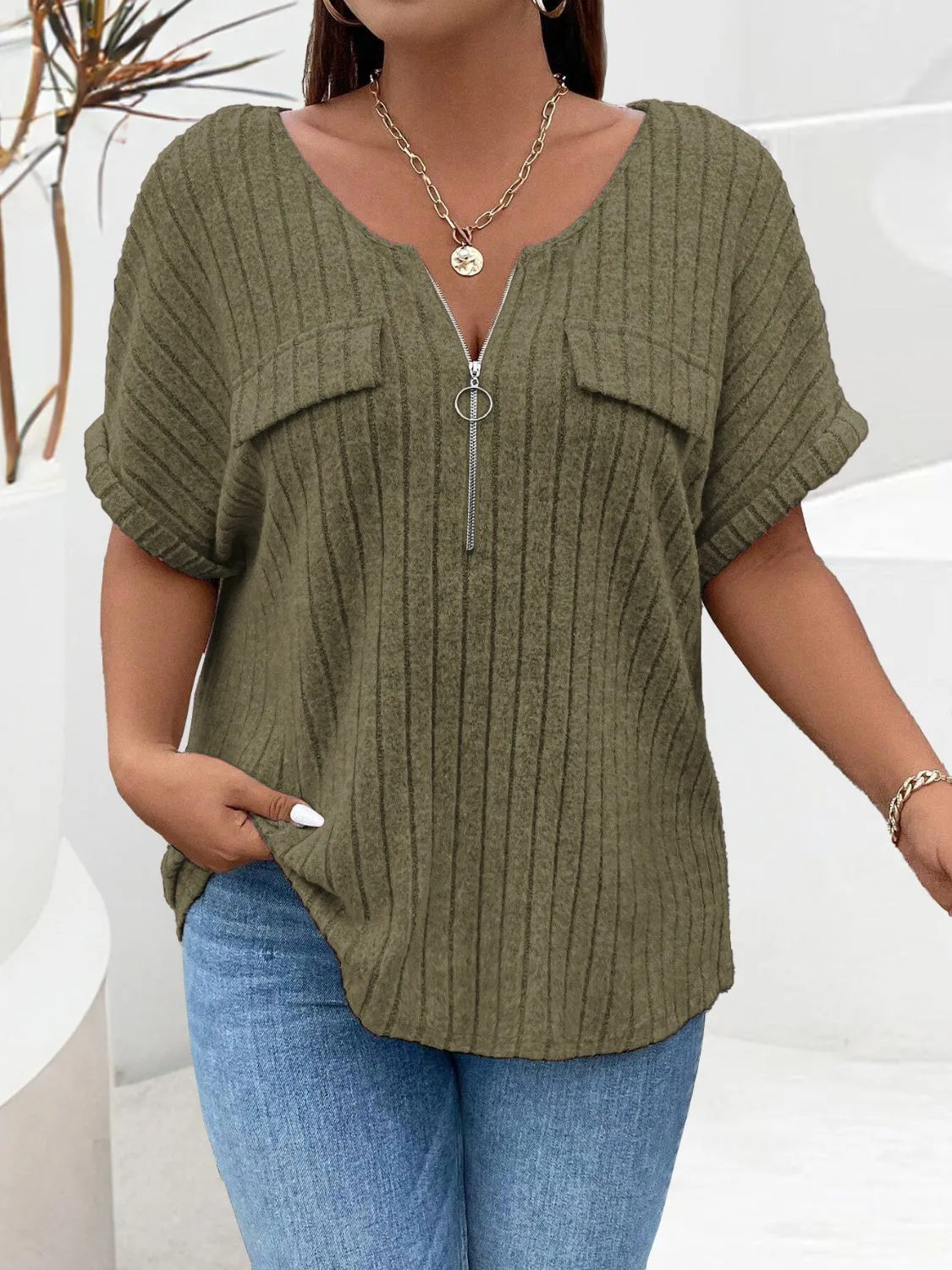 Plus Size Half Zip Short Sleeve Top (4 Colors)