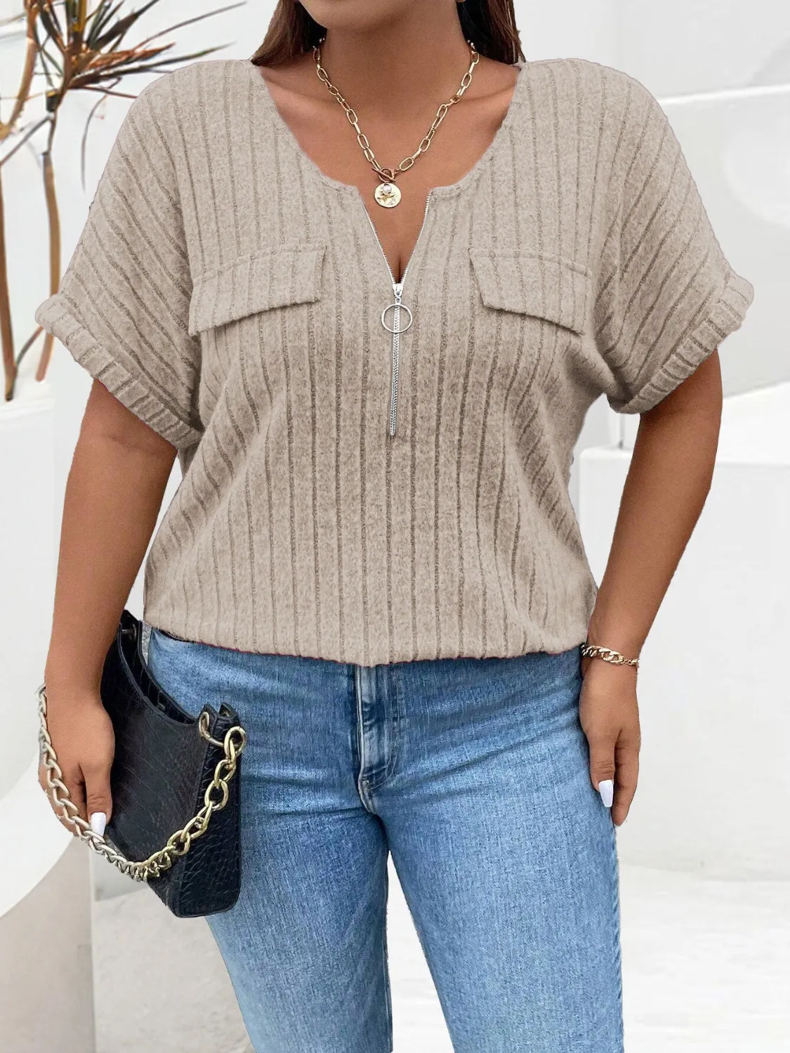 Plus Size Half Zip Short Sleeve Top (4 Colors)