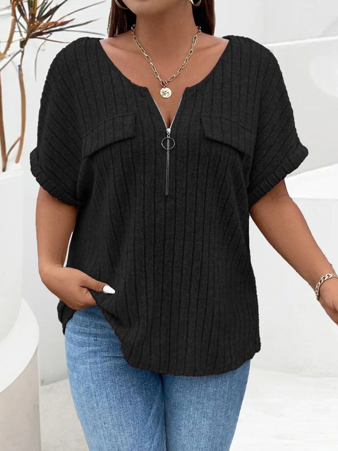 Plus Size Half Zip Short Sleeve Top (4 Colors)
