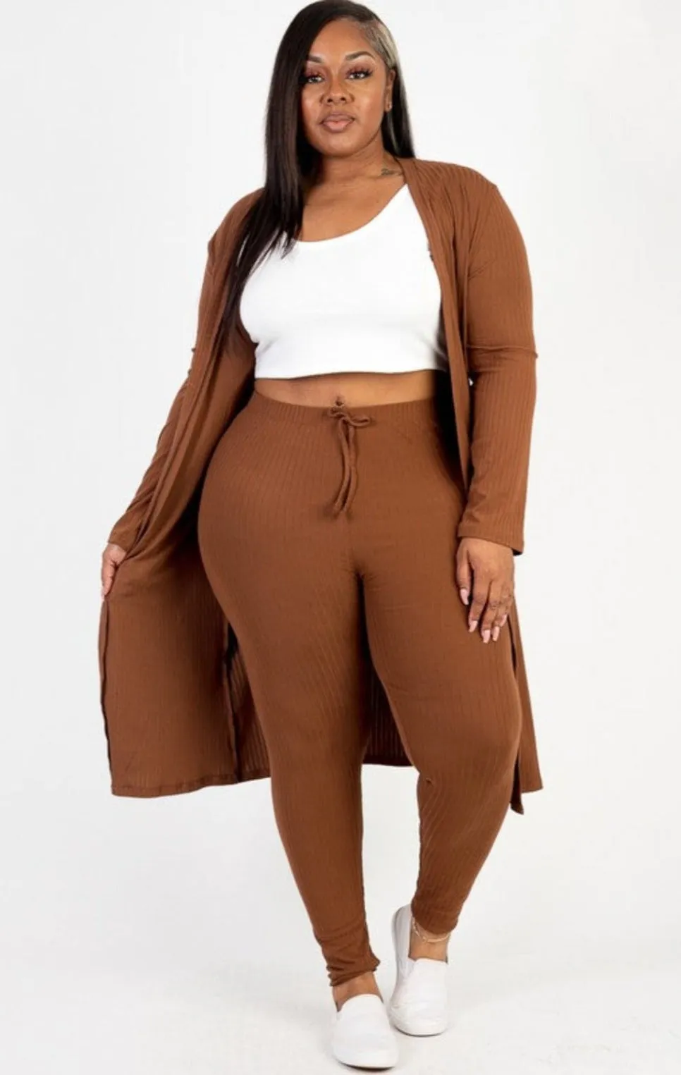 Plus Size Ribbed Leggings with Matching Cardigan