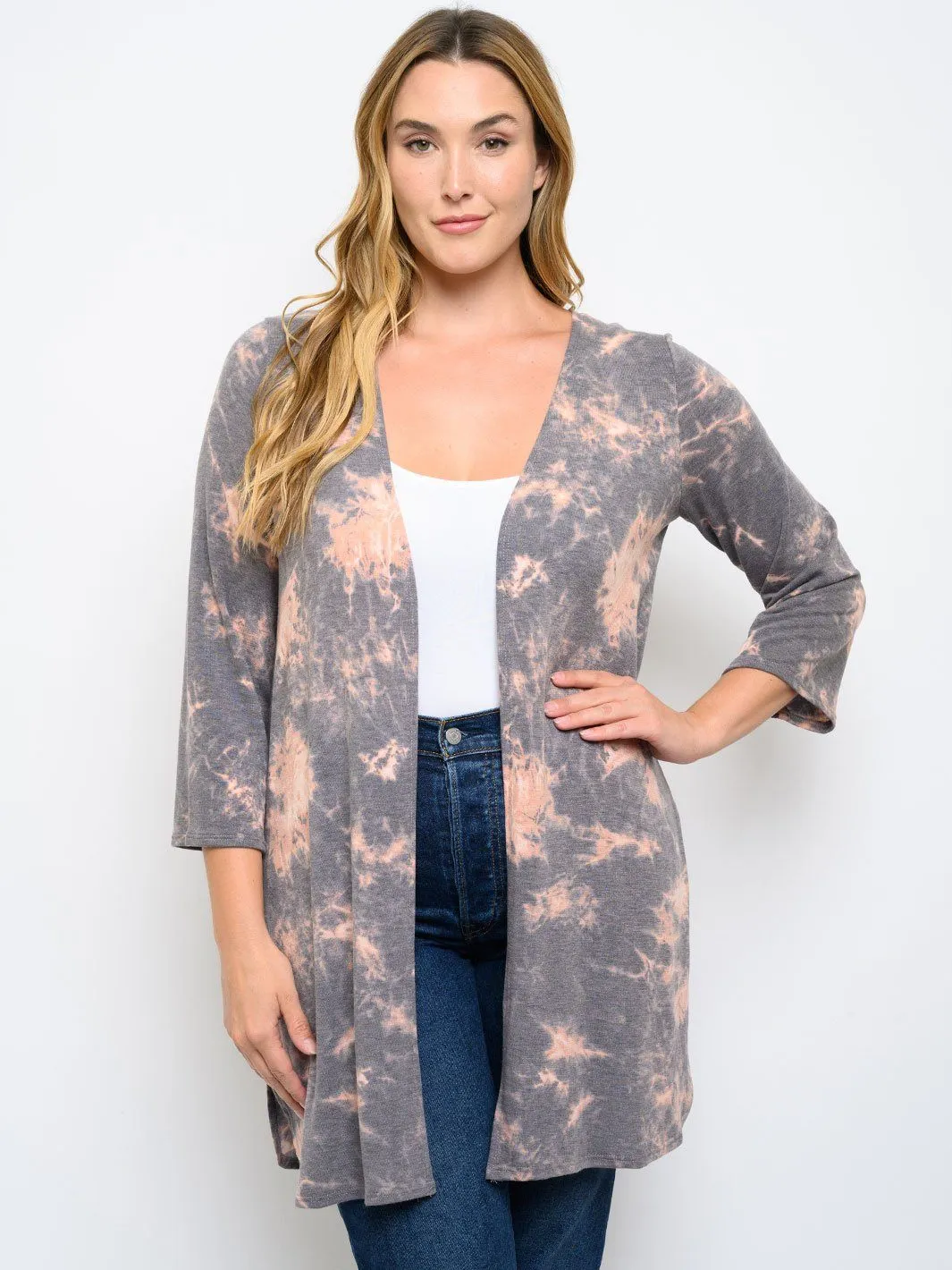 PLUS SIZE TIE DYE PRINT 3/4 SLEEVE CARDIGAN