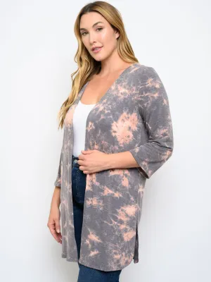 PLUS SIZE TIE DYE PRINT 3/4 SLEEVE CARDIGAN