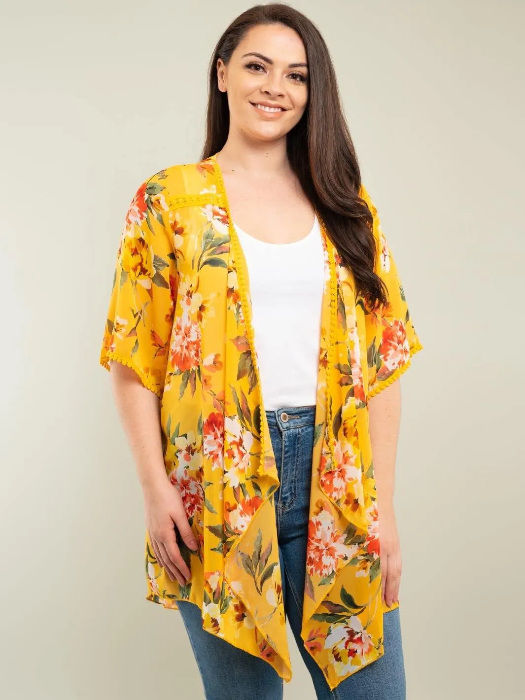PLUS SIZE YELLOW FLORAL CARDIGAN