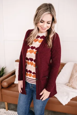 Pocket The Difference Button Down Cardigan In Burgundy