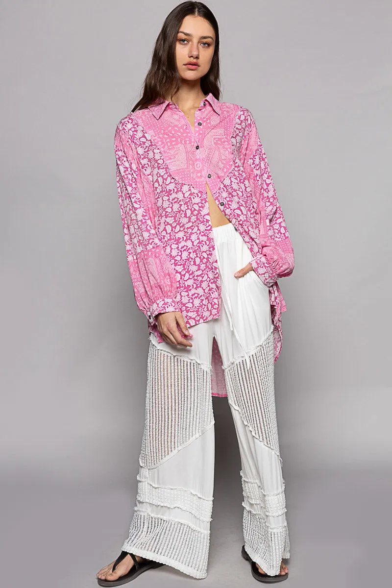 POL Women's Pink Paisley Oversized Long Sleeve Shirt
