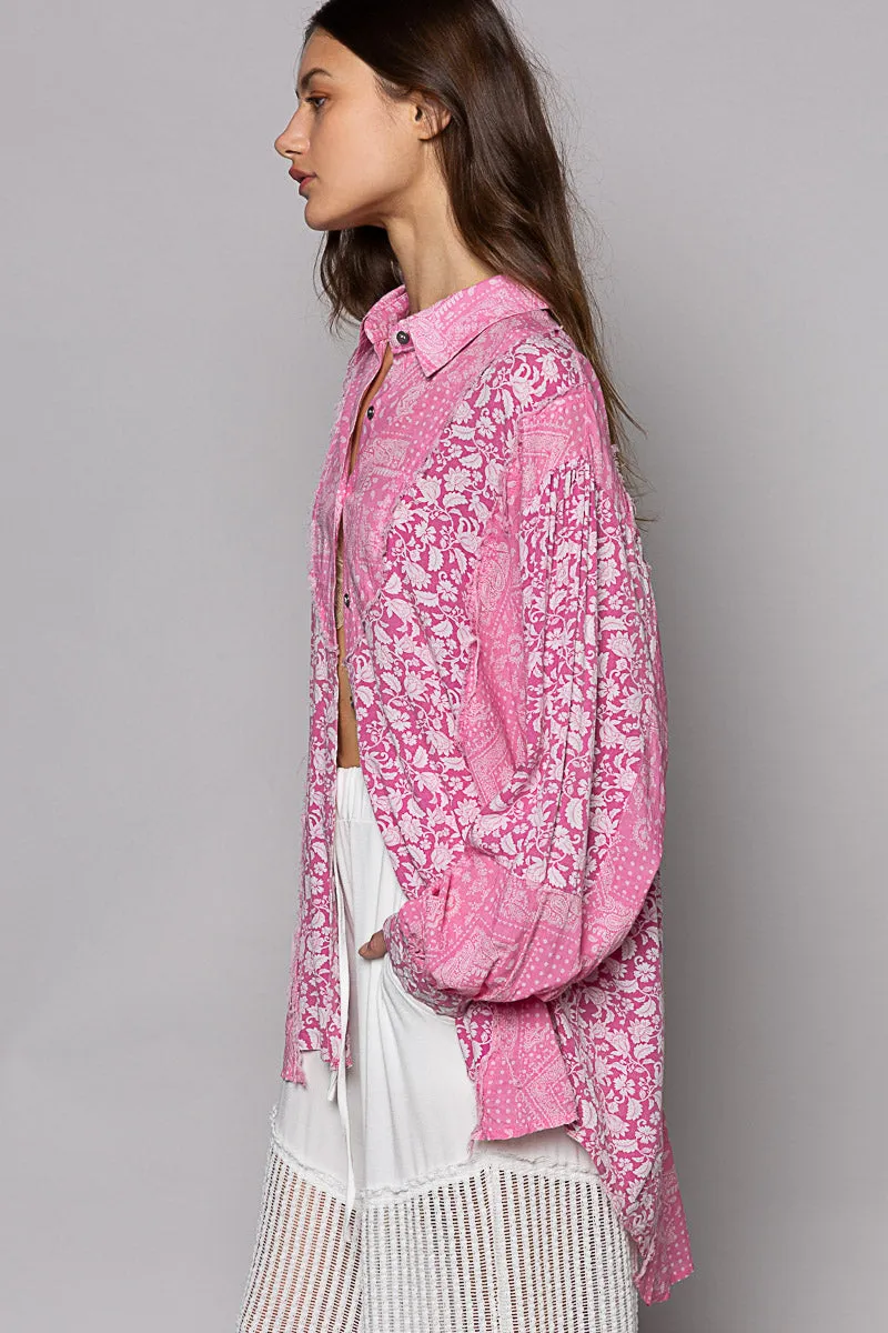 POL Women's Pink Paisley Oversized Long Sleeve Shirt