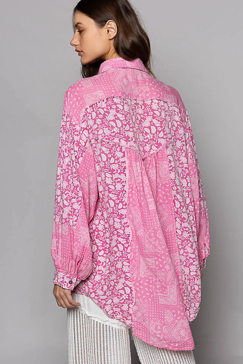 POL Women's Pink Paisley Oversized Long Sleeve Shirt