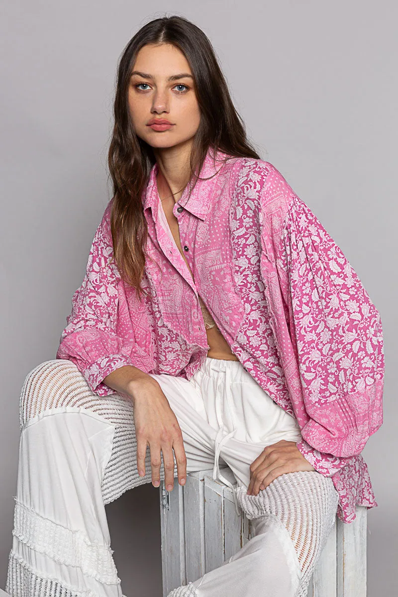 POL Women's Pink Paisley Oversized Long Sleeve Shirt