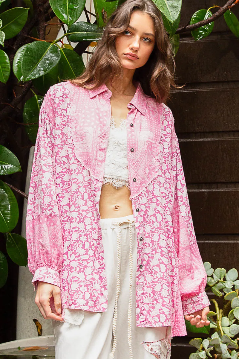 POL Women's Pink Paisley Oversized Long Sleeve Shirt