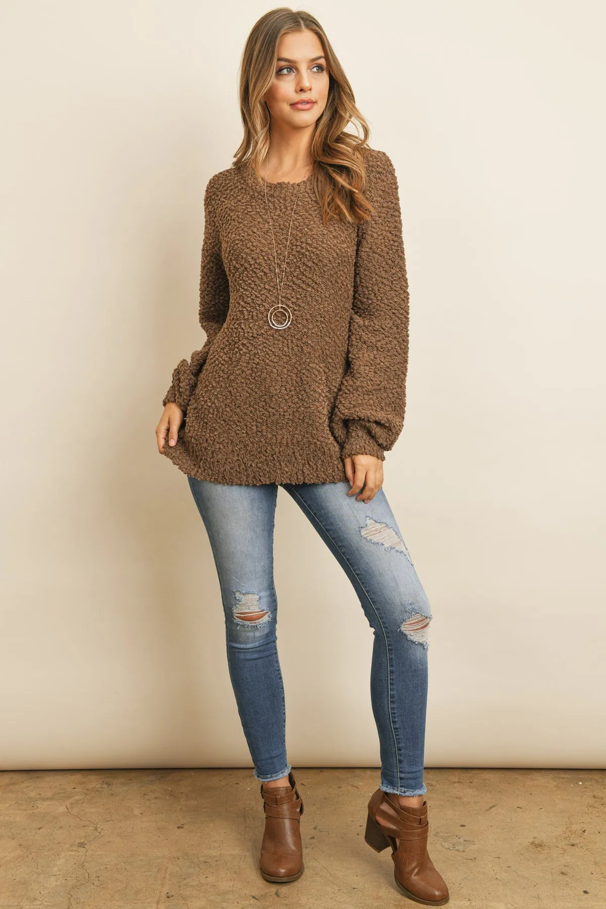 Popcorn Balloon Sleeve Pullover Sweater