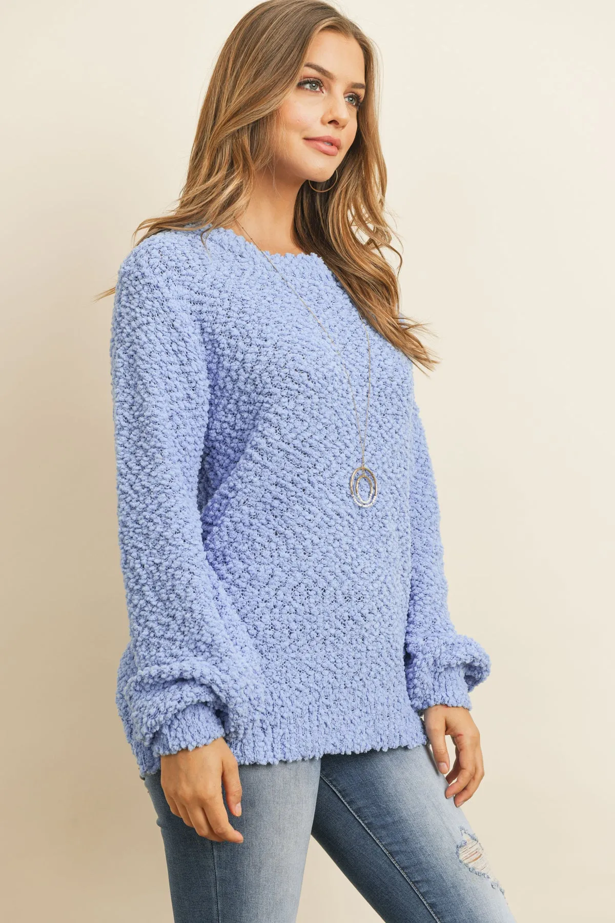 Popcorn Balloon Sleeve Pullover Sweater