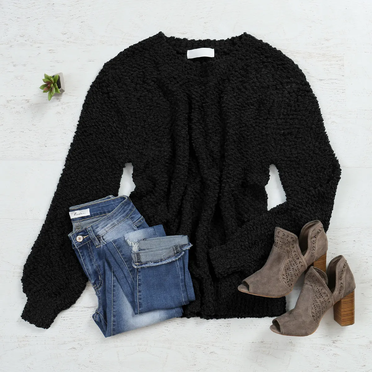 Popcorn Balloon Sleeve Pullover Sweater