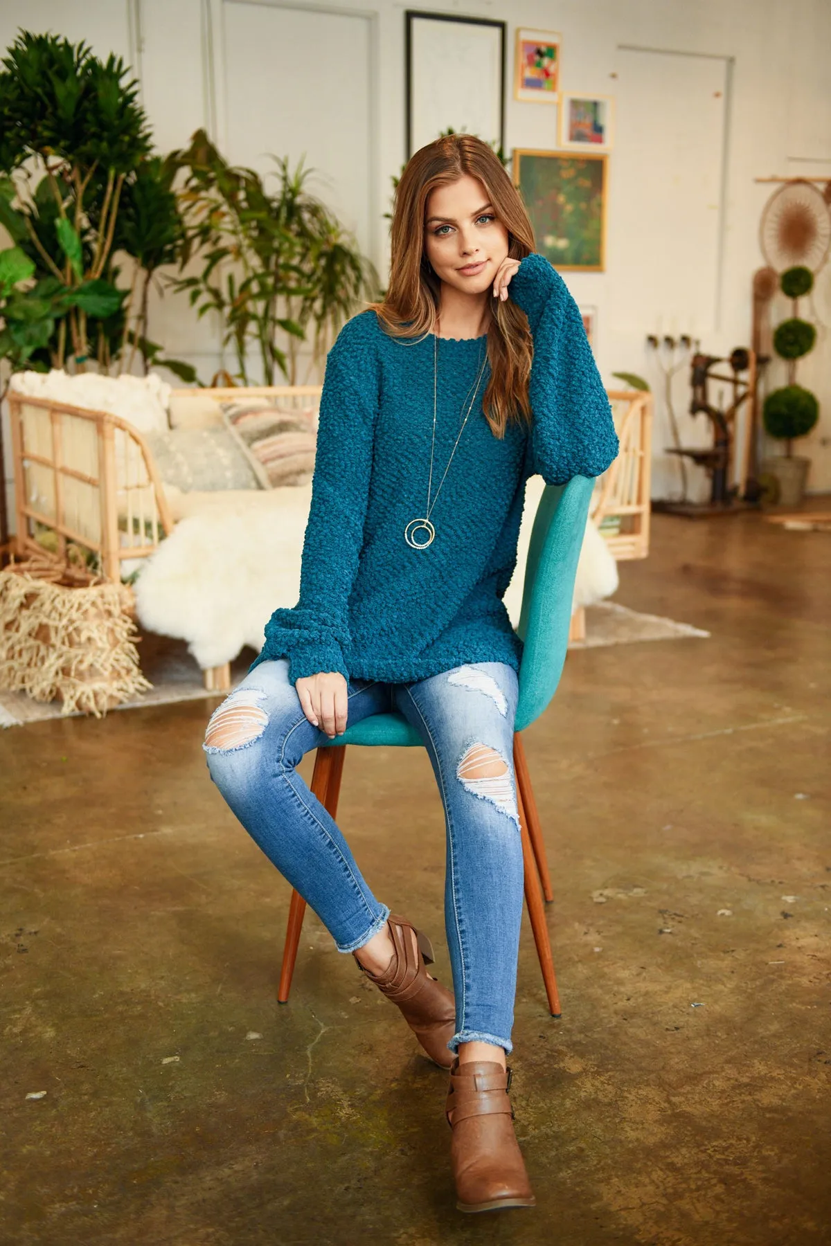 Popcorn Balloon Sleeve Pullover Sweater