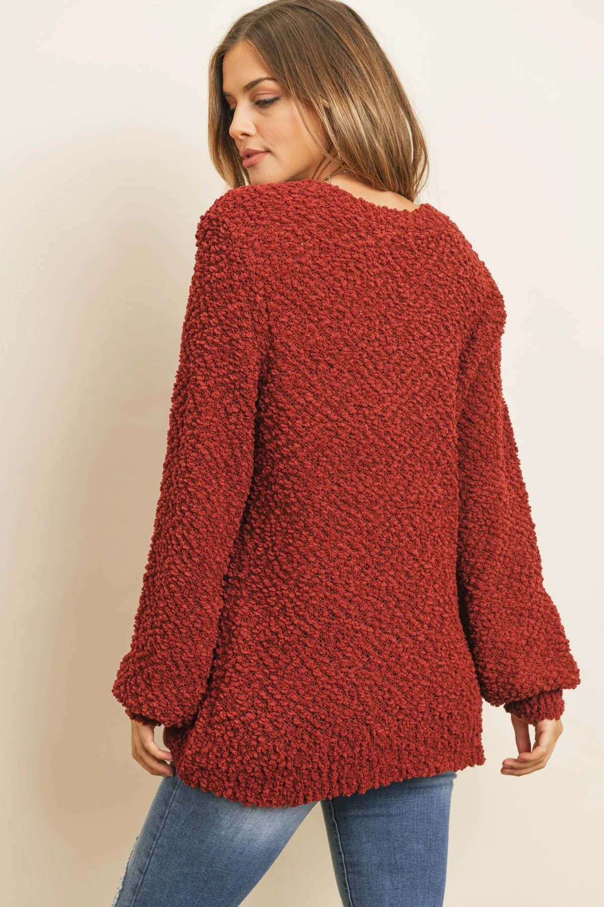 Popcorn Balloon Sleeve Pullover Sweater