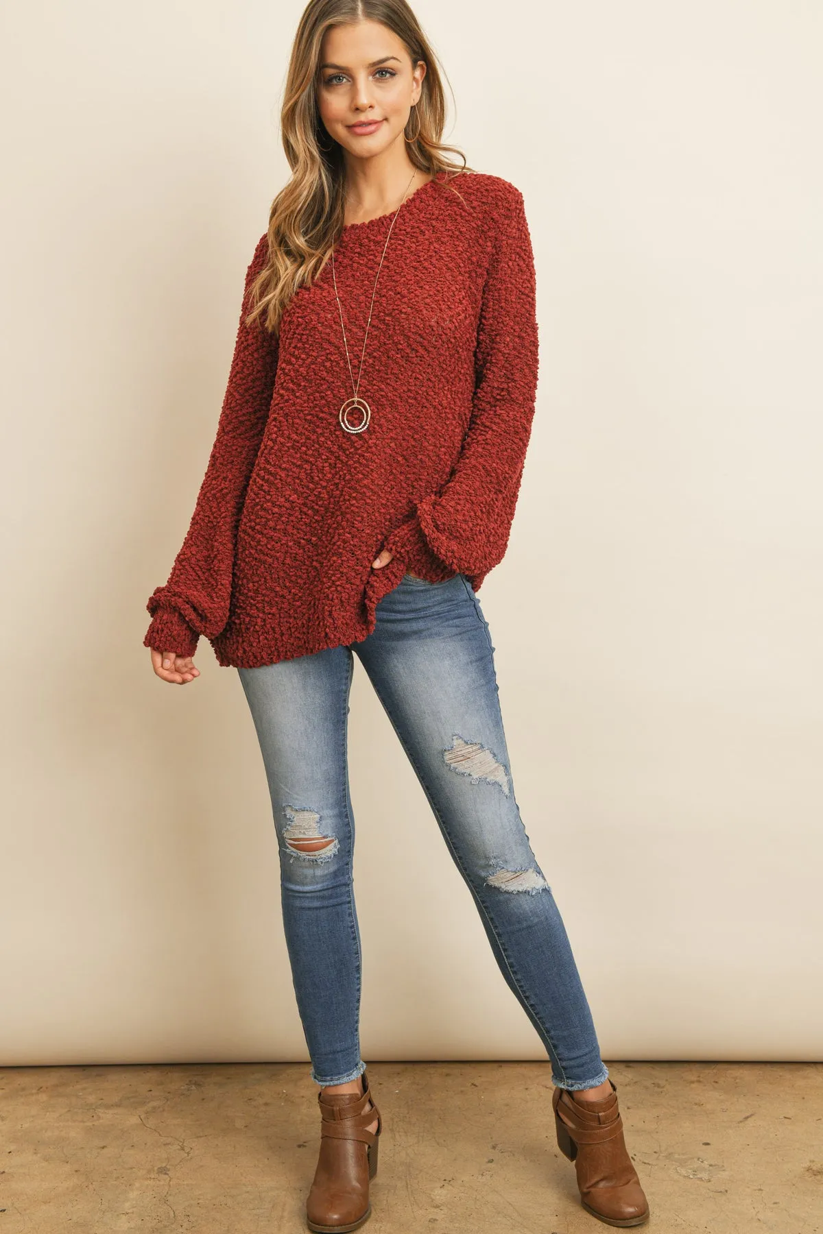 Popcorn Balloon Sleeve Pullover Sweater