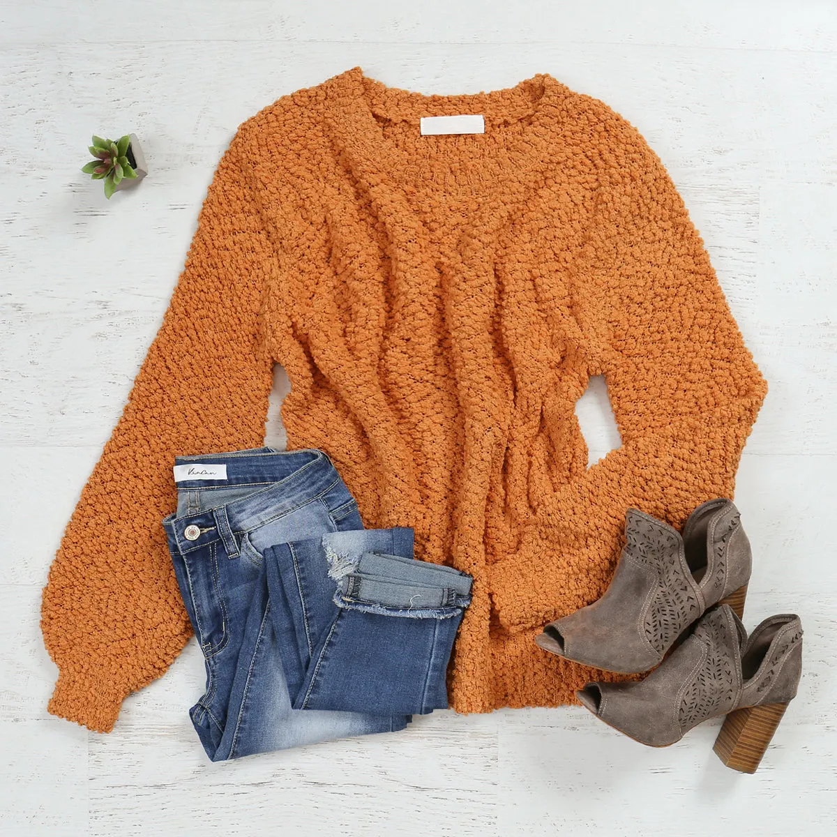 Popcorn Balloon Sleeve Pullover Sweater