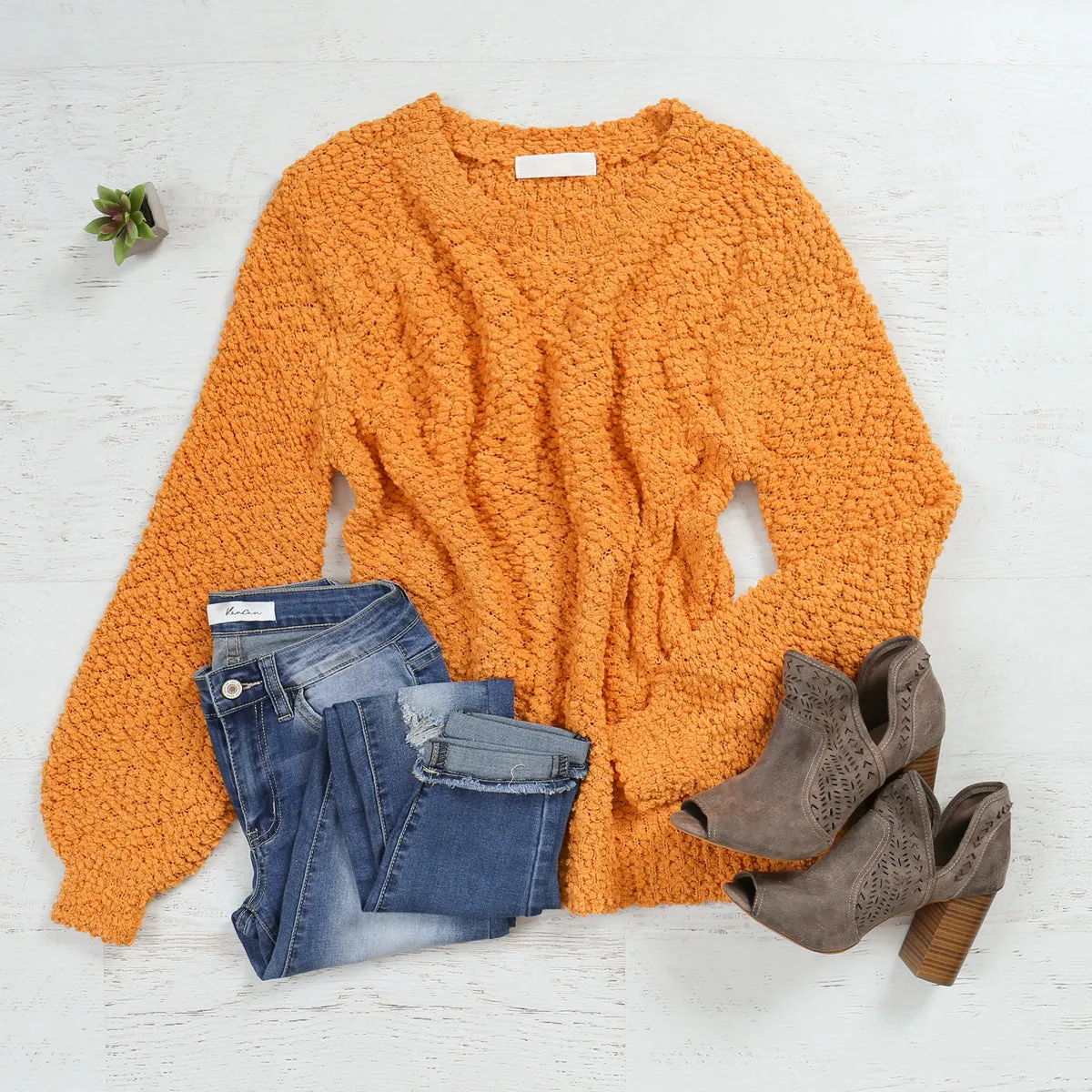 Popcorn Balloon Sleeve Pullover Sweater