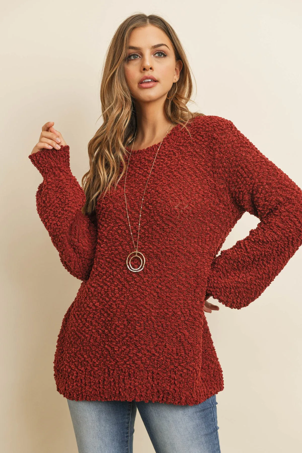 Popcorn Balloon Sleeve Pullover Sweater
