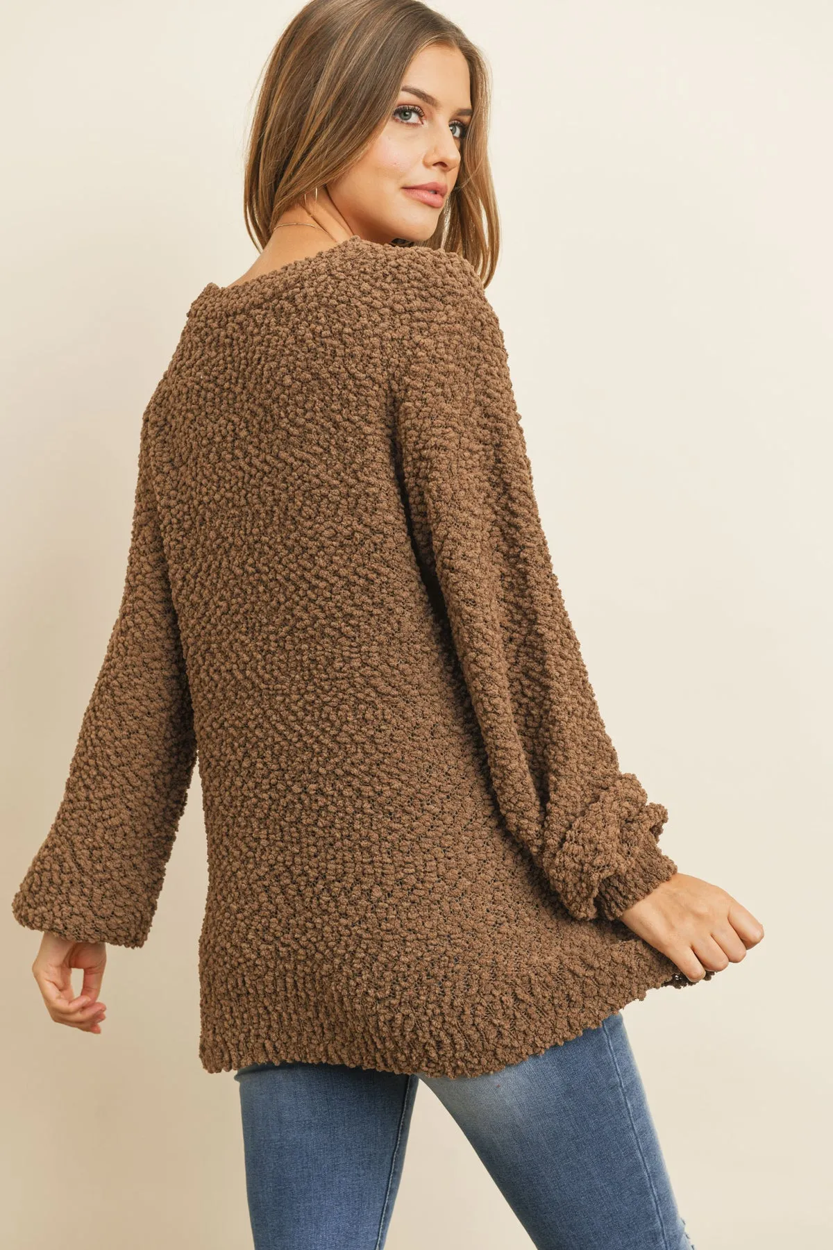 Popcorn Balloon Sleeve Pullover Sweater