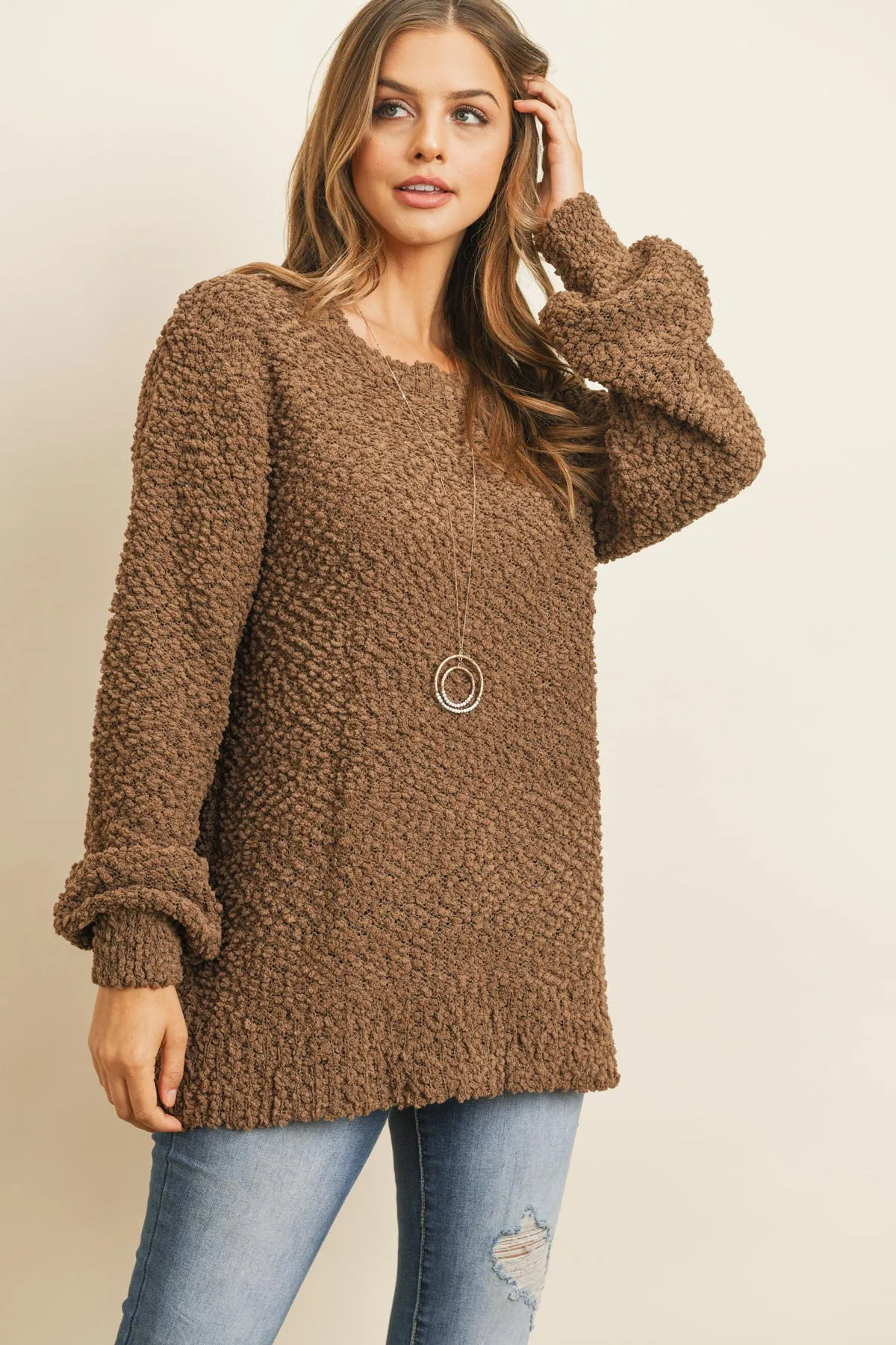 Popcorn Balloon Sleeve Pullover Sweater