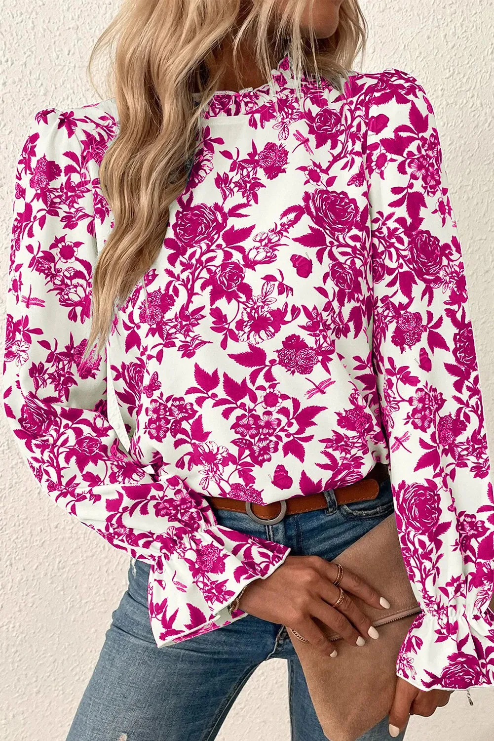 Printed Mock Neck Flounce Sleeve Blouse