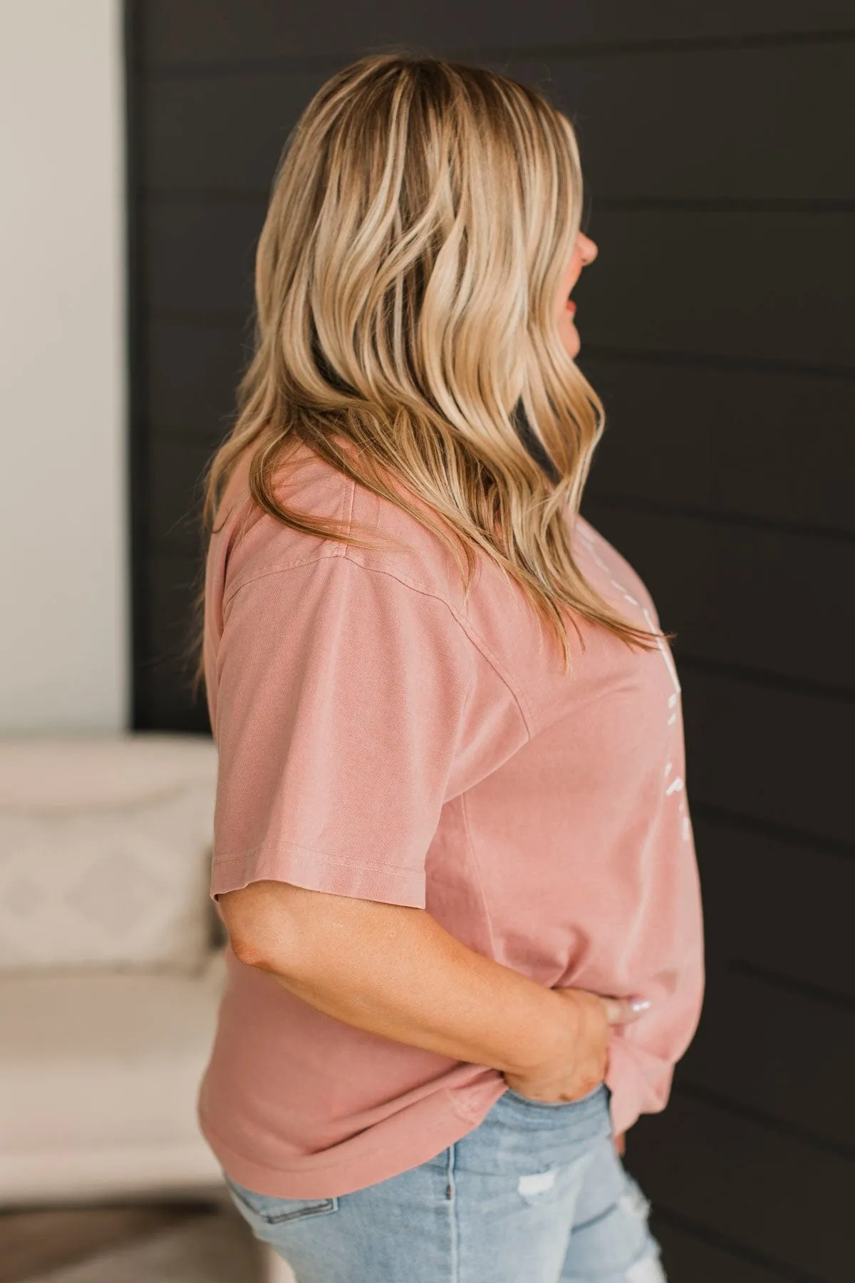 "Worthy" Mock Neck Graphic Tee- Blush
