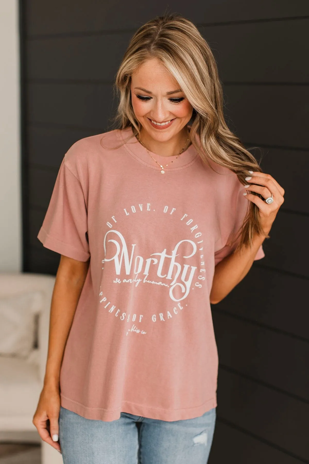 "Worthy" Mock Neck Graphic Tee- Blush