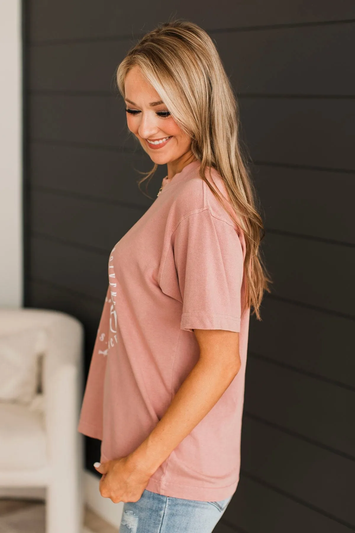 "Worthy" Mock Neck Graphic Tee- Blush