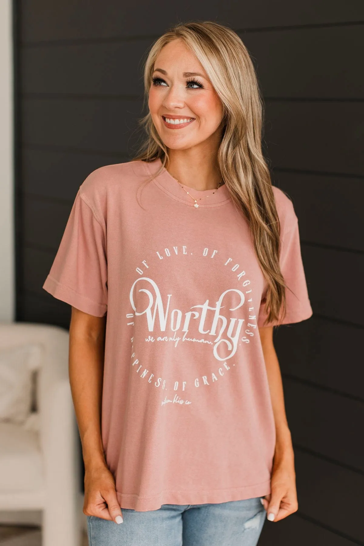 "Worthy" Mock Neck Graphic Tee- Blush