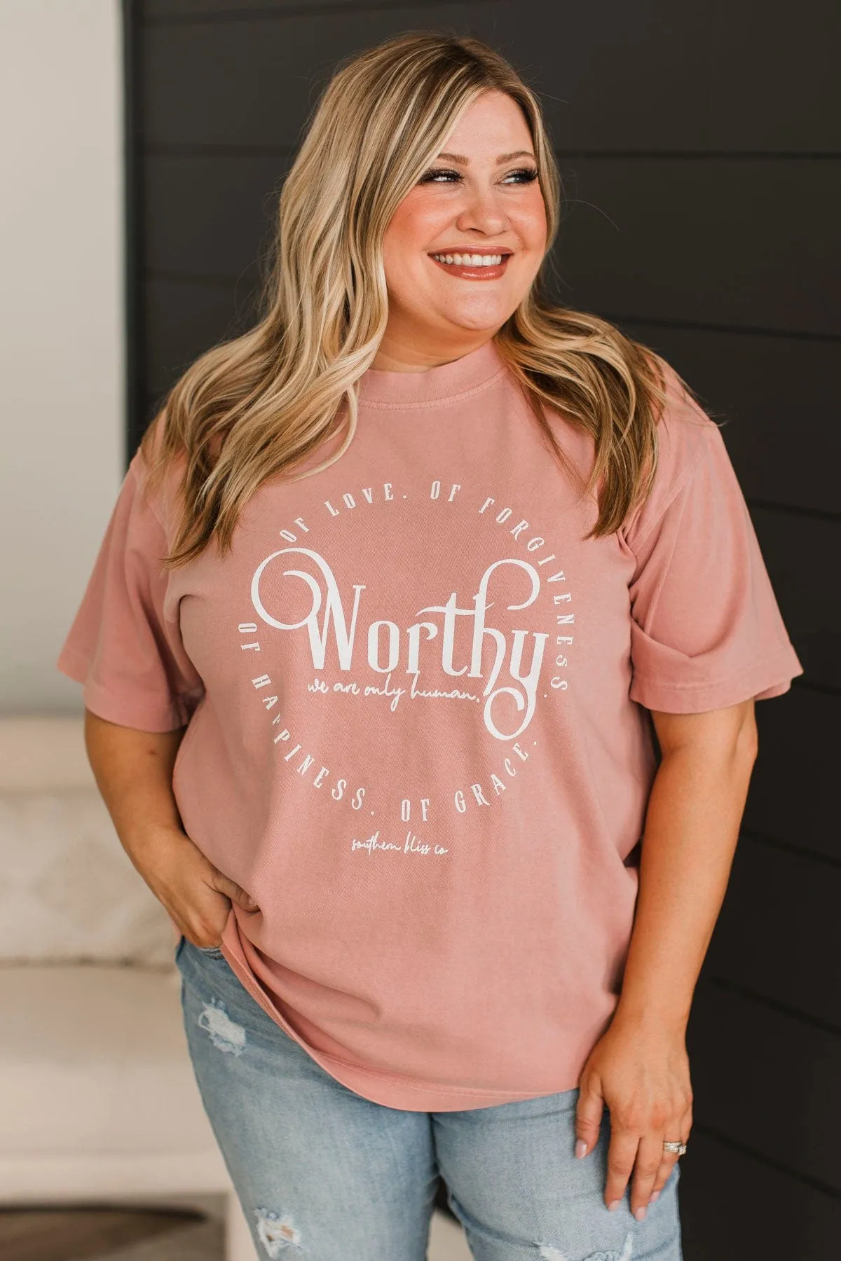 "Worthy" Mock Neck Graphic Tee- Blush