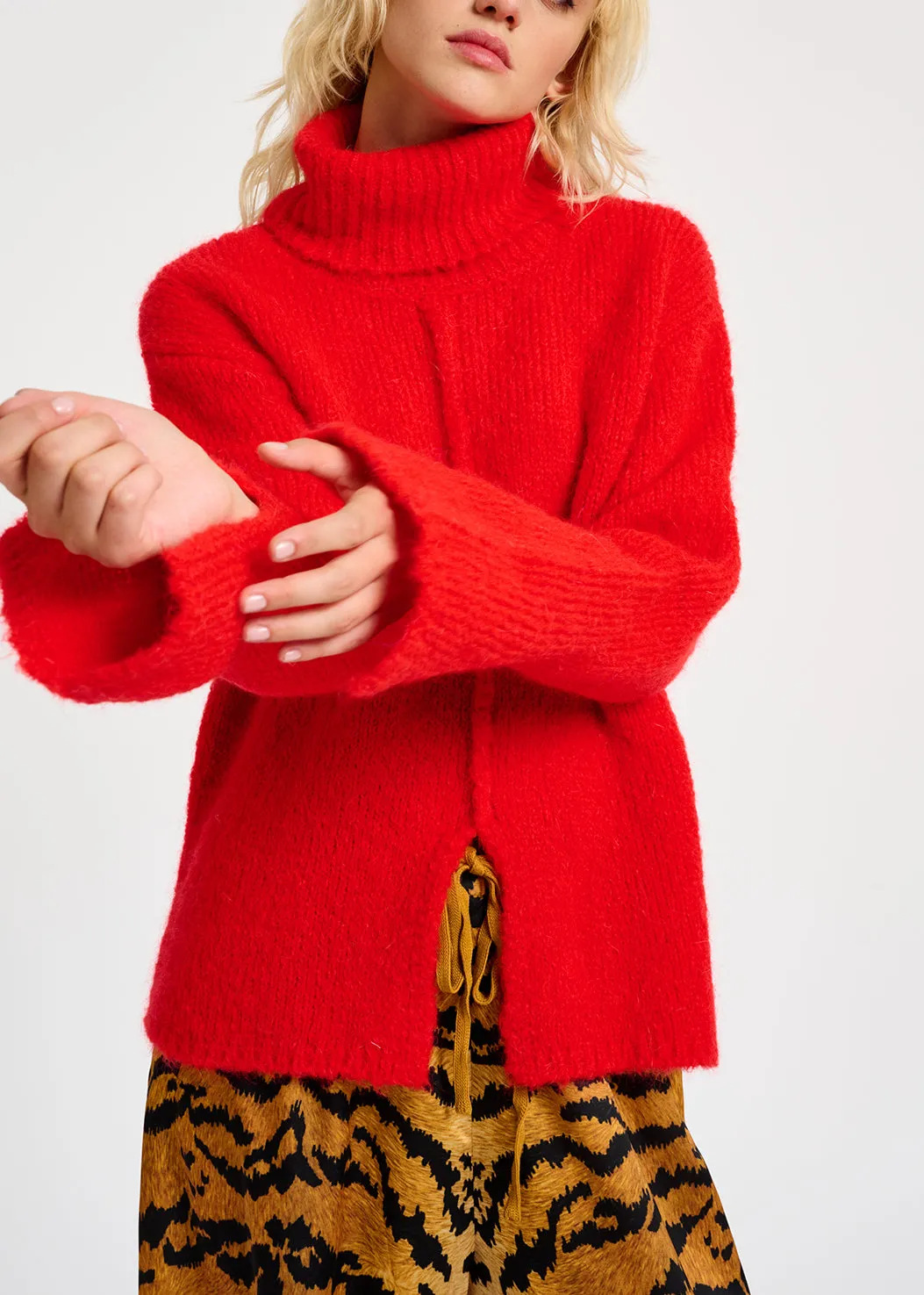 Red mohair-blend turtleneck sweater