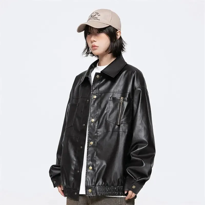 Retro Black Waterproof Leather Jacket for Y2K Style